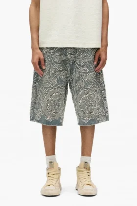 P070 Shorts con decorazioni in cristallo e perline applicate a mano