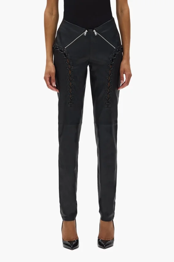Pantaloni in pelle con zip a V